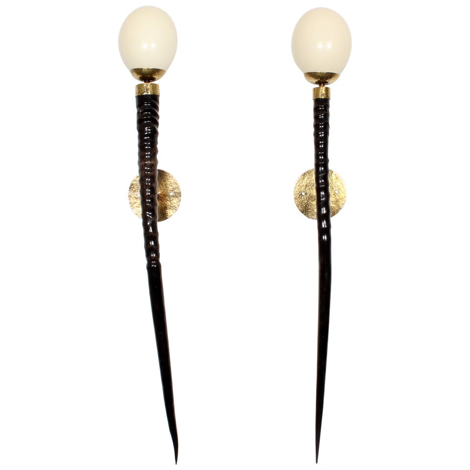 Pair of Oryx Horn and Ostrich Egg Wall Sconces