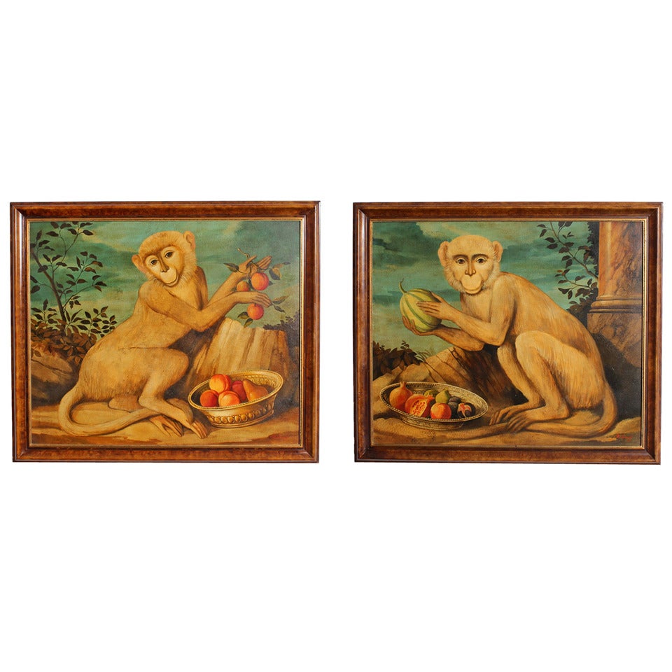 Paire de peintures de singes à l'huile sur toile par William Skilling