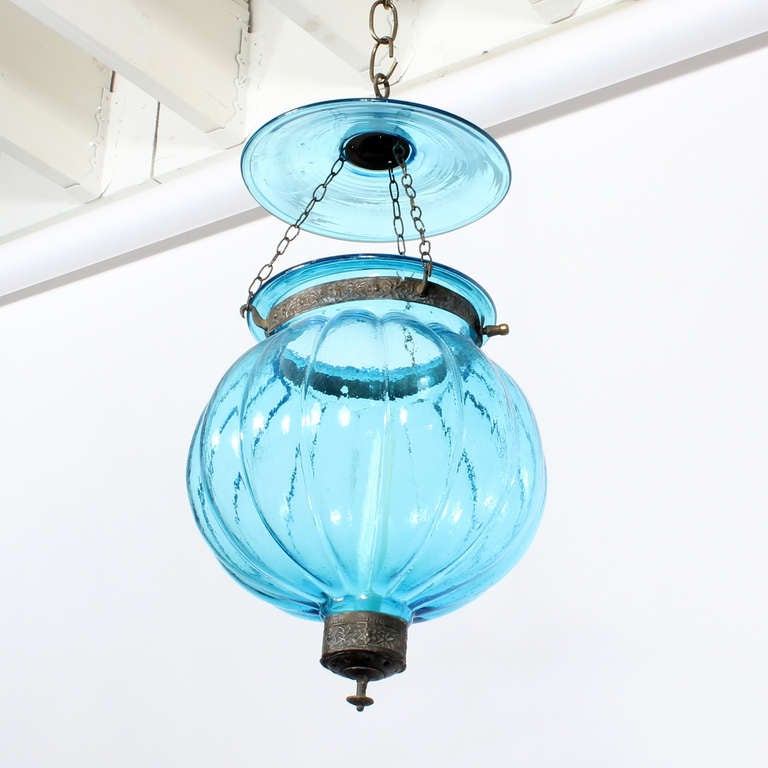 Belgian 3 Anglo Indian Late 19th C. Colored Glass Bell Jar Lanterns or Pendants