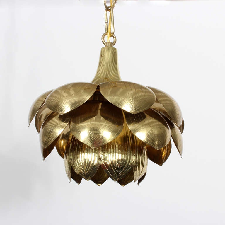 3 Etched Brass Lotus Pendant Lights, Lamps or Chandeliers Feldman In Excellent Condition In Palm Beach, FL