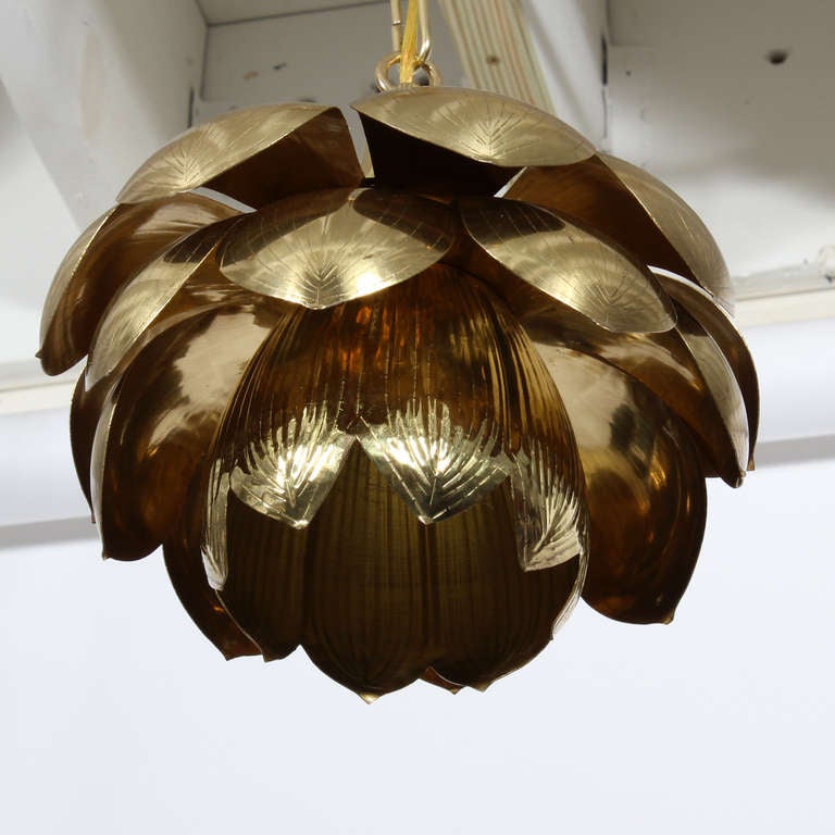 Late 20th Century 3 Etched Brass Lotus Pendant Lights, Lamps or Chandeliers Feldman