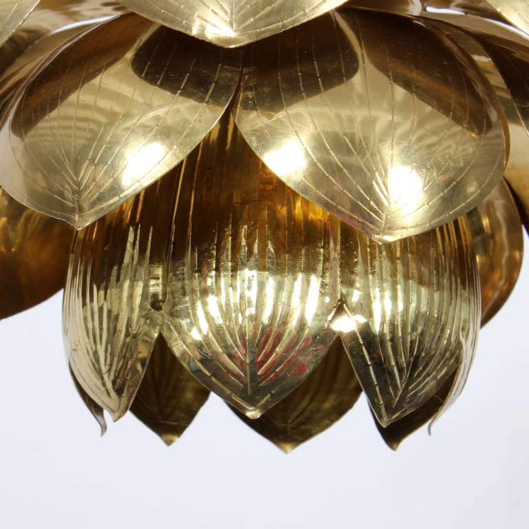 American 3 Etched Brass Lotus Pendant Lights, Lamps or Chandeliers Feldman