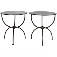 Vintage A Pair of Modern Design Round Brushed Steel French Industrial Tables