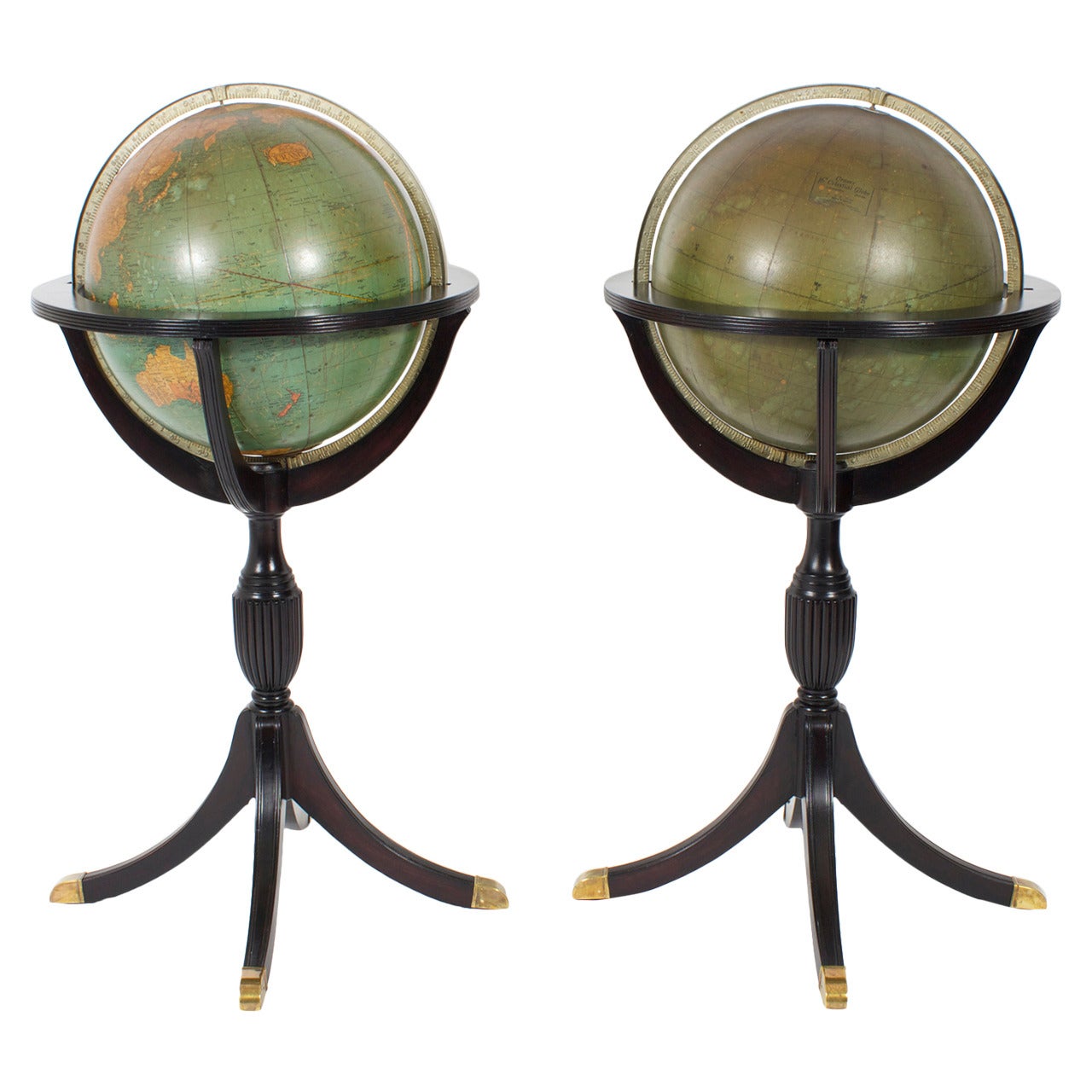 Rare Pair of Vintage Scholastic Globes in Ebonized Stands