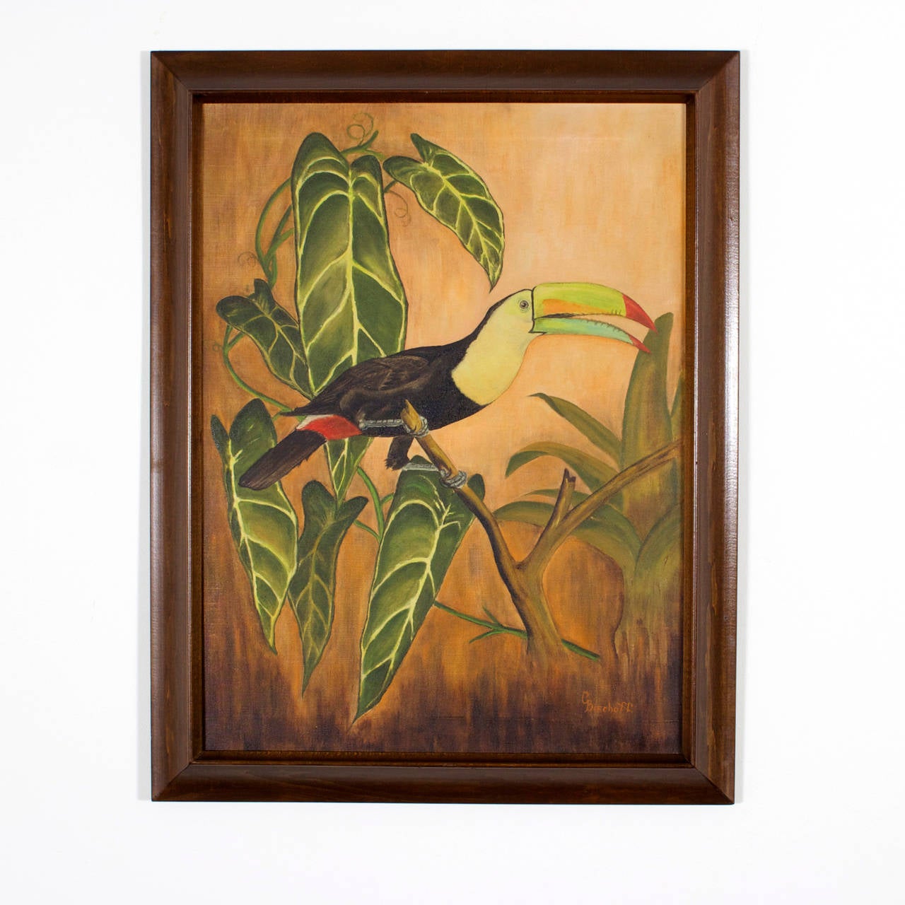 American Set of Four Oil on Canvas Tropical Bird Paintings