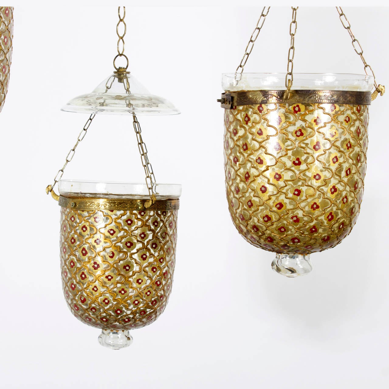 Indian 19th Century Enamelled Bell Jar Candle Lights with Smoke Bells, Ten Available