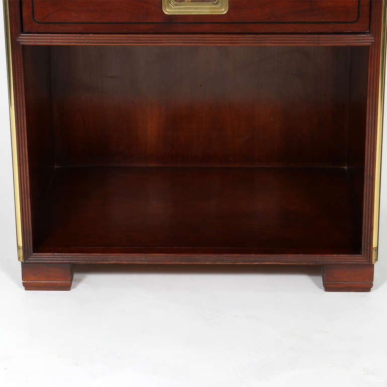 Pair of Brass Trimmed Mahogany Campaign Style Nightstands or Tables by Baker In Excellent Condition In Palm Beach, FL