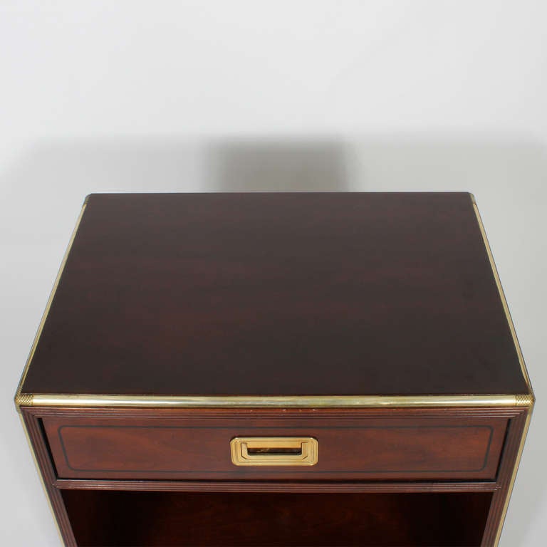 Late 20th Century Pair of Brass Trimmed Mahogany Campaign Style Nightstands or Tables by Baker