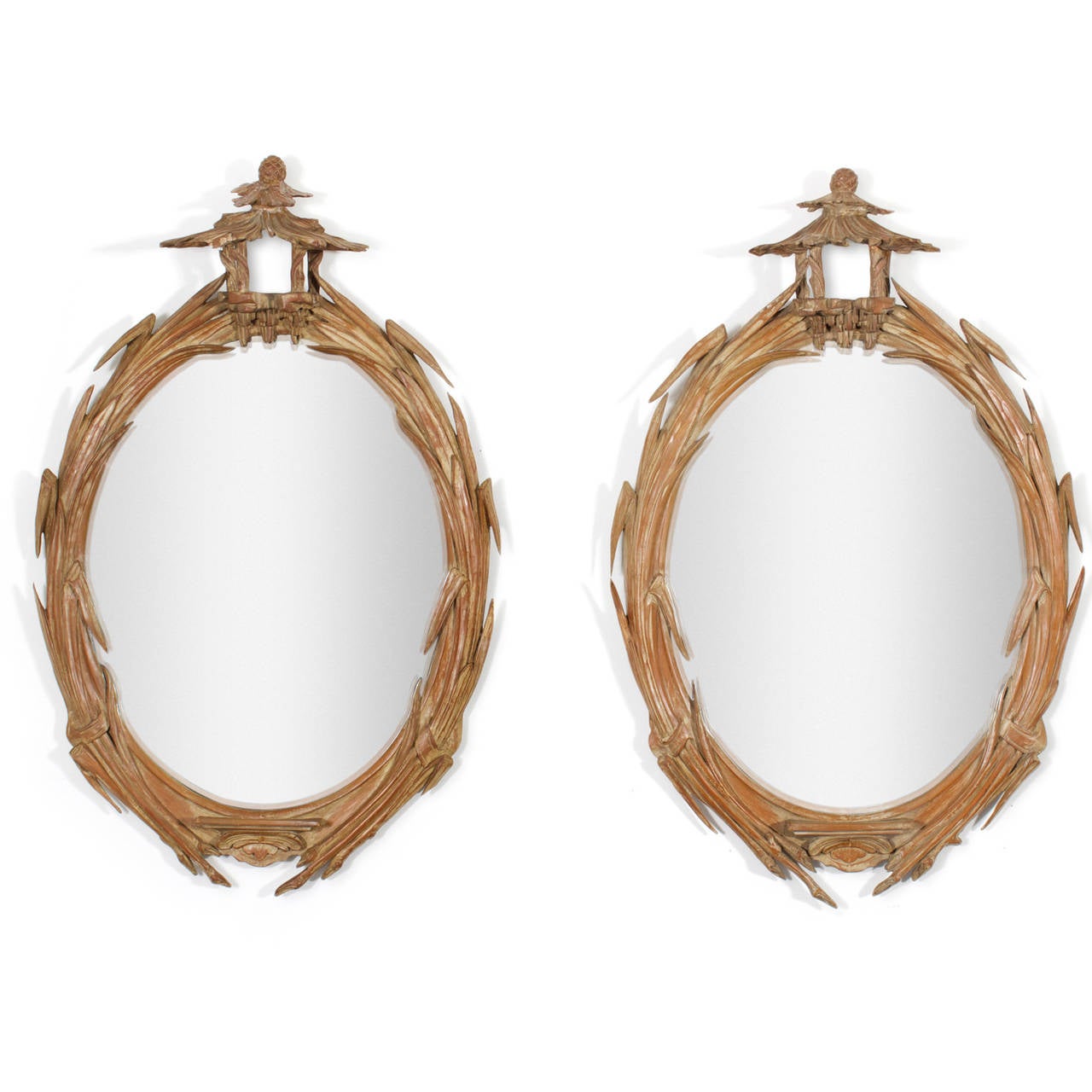Pair of Italian Mid-Century Carved Pagoda Mirrors