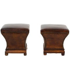 Antique Pair of Late 19th-Early 20th Century Leather Brass Tacked Ottomans or Stools
