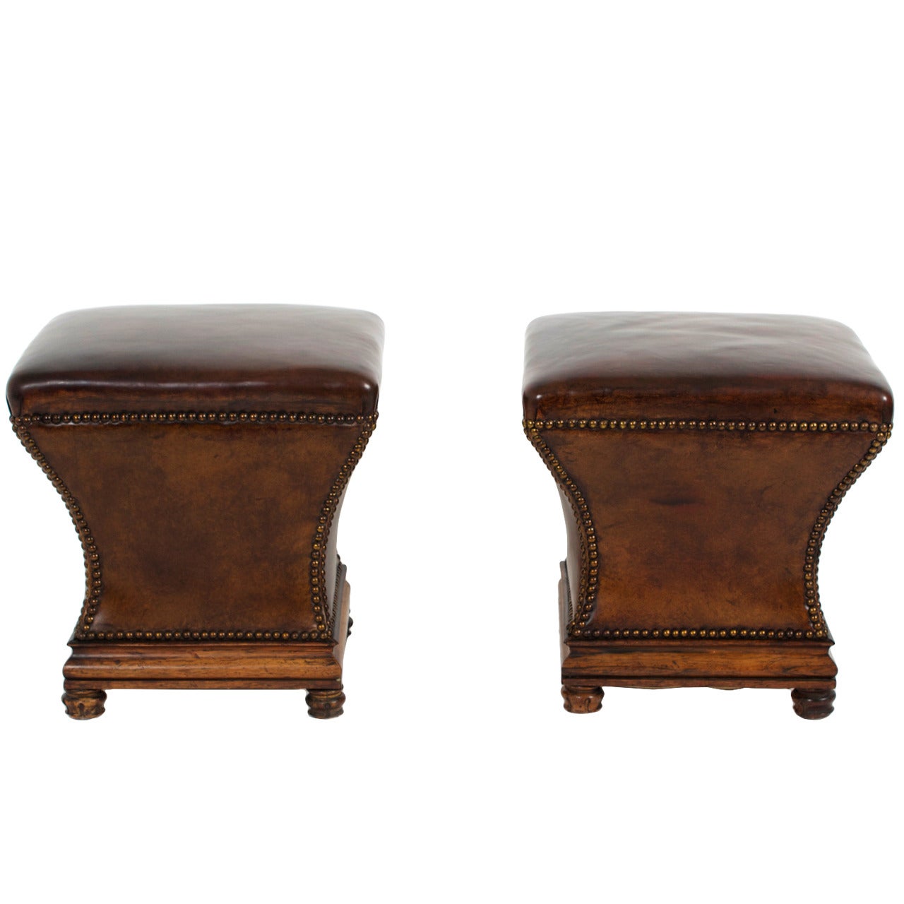 Pair of Late 19th-Early 20th Century Leather Brass Tacked Ottomans or Stools