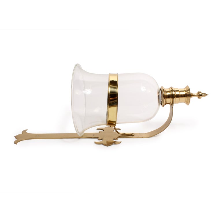 Pair of Sarreid Brass and Glass Hurricane Wall Sconces In Excellent Condition In Palm Beach, FL