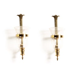 Pair of Sarreid Brass and Glass Hurricane Wall Sconces