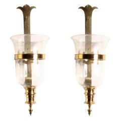 Pair of Sarreid Brass and Glass Hurricane Wall Sconces 3