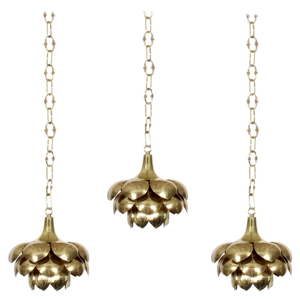 3 Etched Brass Lotus Pendant Lights, Lamps or Chandeliers Feldman