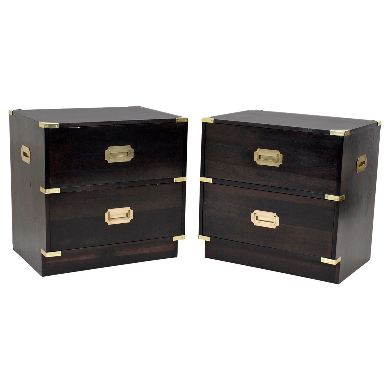 Pair of 2 Drawer Ebonized Campaign Style Nightstands