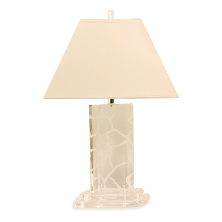 A pair of fabulous lucite animal print lamps with an etched giraffe design, molded shaped lucite bases. Signed Van Teal.
Appear to be the original shades, in very good condition.

We love interesting lamps.....fshenemaderantiques.com