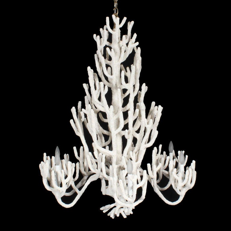 A beautiful and wonderful sculptural faux coral chandelier, with 6 arms,  fabulous custom design, hand made and sculptured in the extreme. Hand cut and hand welded copper covered with a hand sculpted faux coral surface. Beautiful to look with