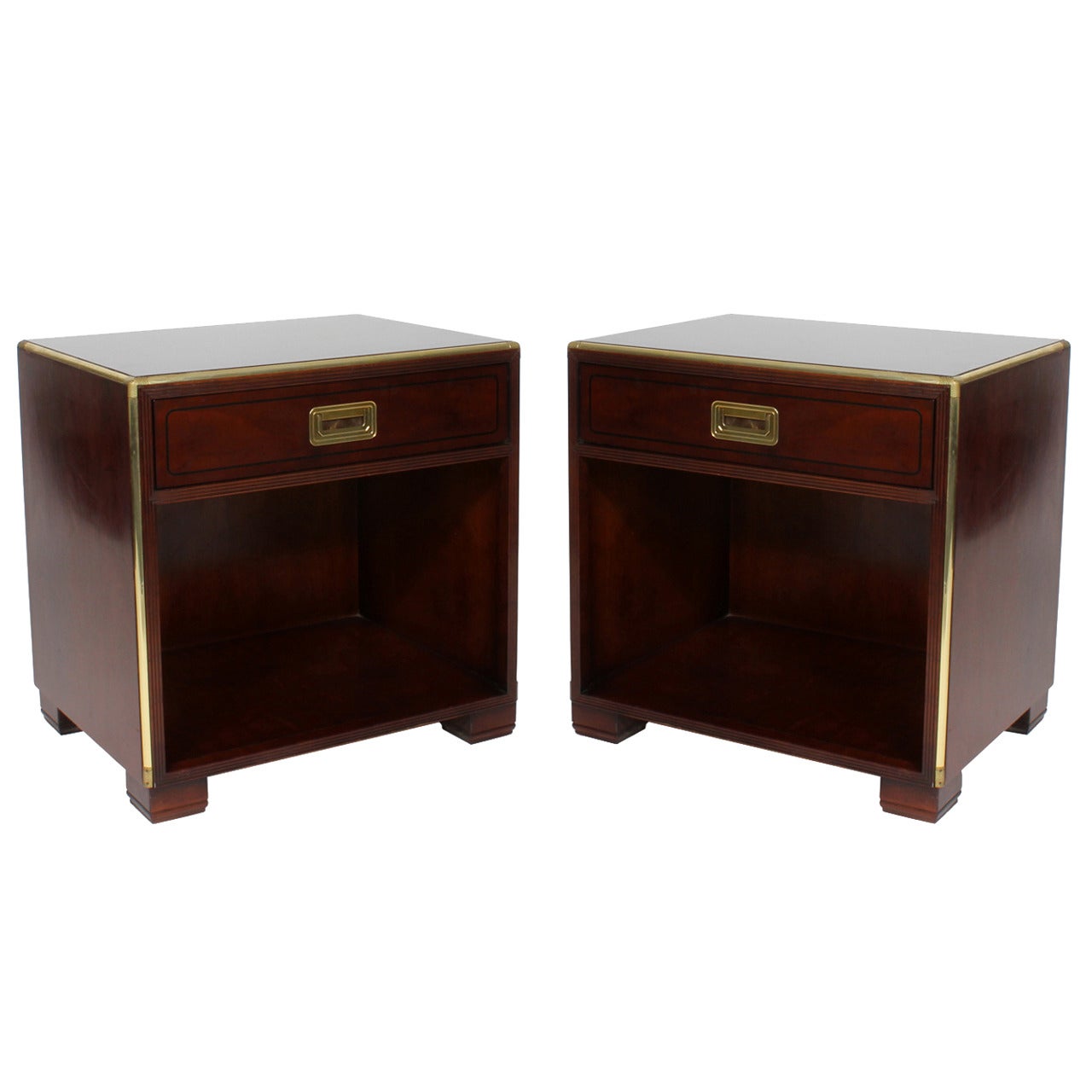Pair of Brass Trimmed Mahogany Campaign Style Nightstands or Tables by Baker