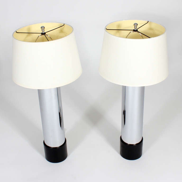 American Pair of Modern Cylinder Lamps with Leather Bases For Sale