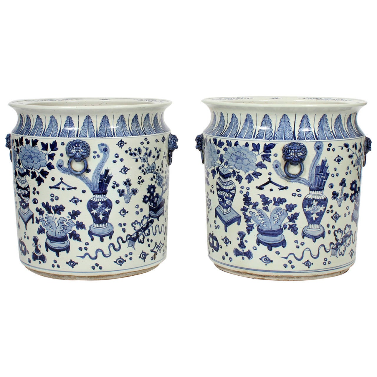 Pair Of Large Chinese Export Style Blue And White Jardinieres Or Pair Of Large Chinese Export Style Blue And White Jardinieres Or Planters For