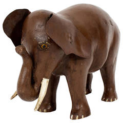 Retro Carved Folk Elephant with Leather Ears