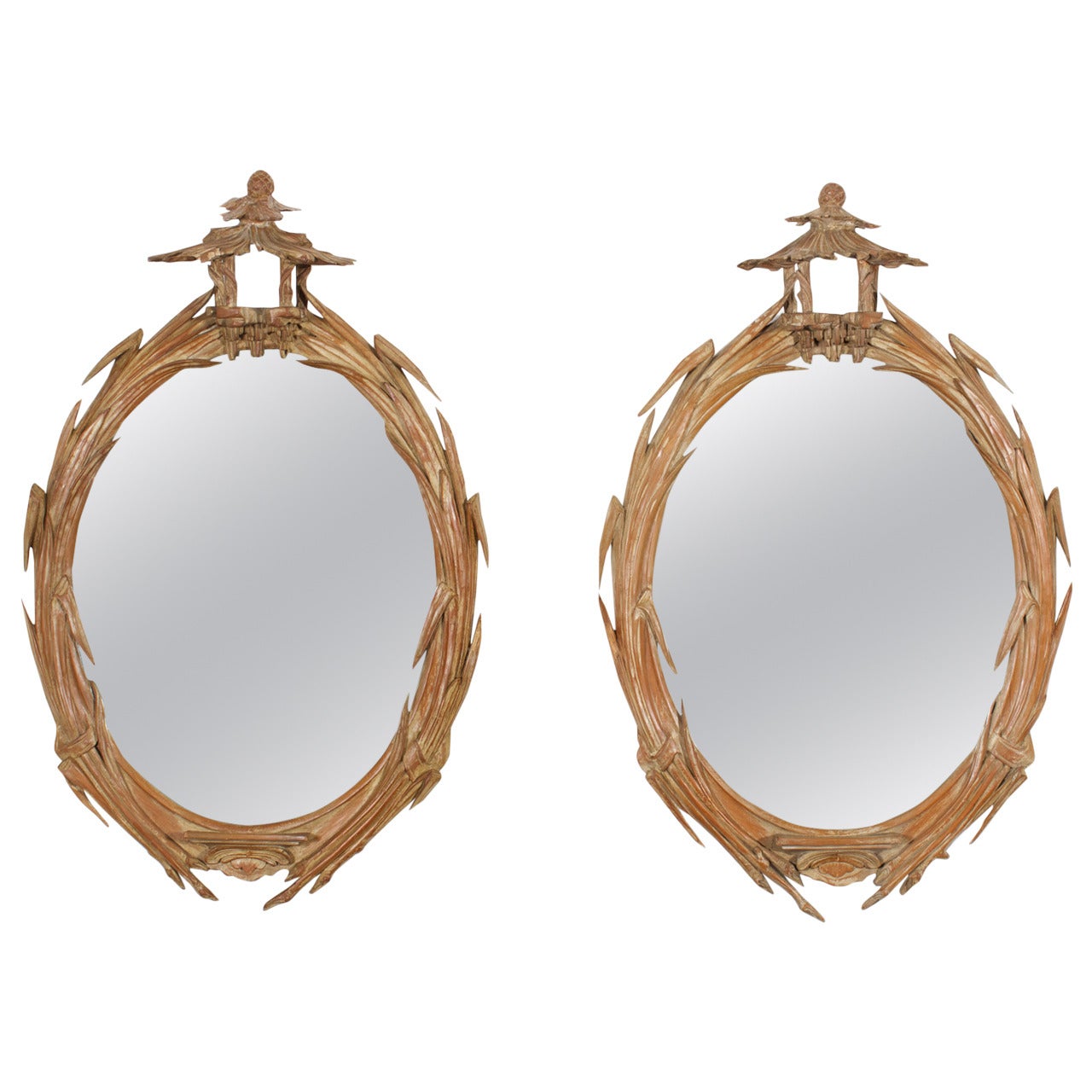 Pair of Italian Mid-Century Carved Pagoda Mirrors