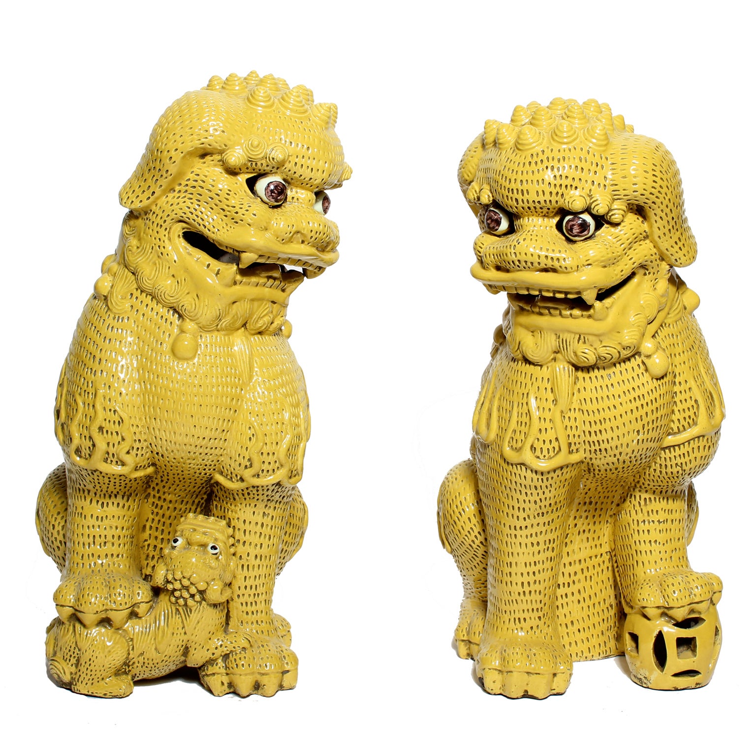 Pair of Large Mid Century Yellow Glazed Foo Dogs