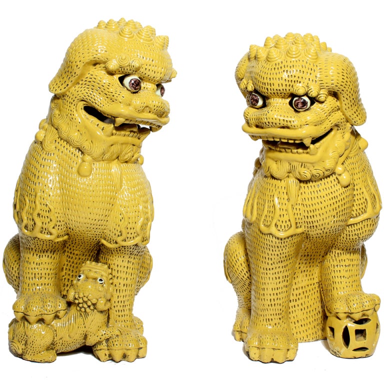 Pair of Large Mid Century Yellow Glazed Foo Dogs at 1stdibs