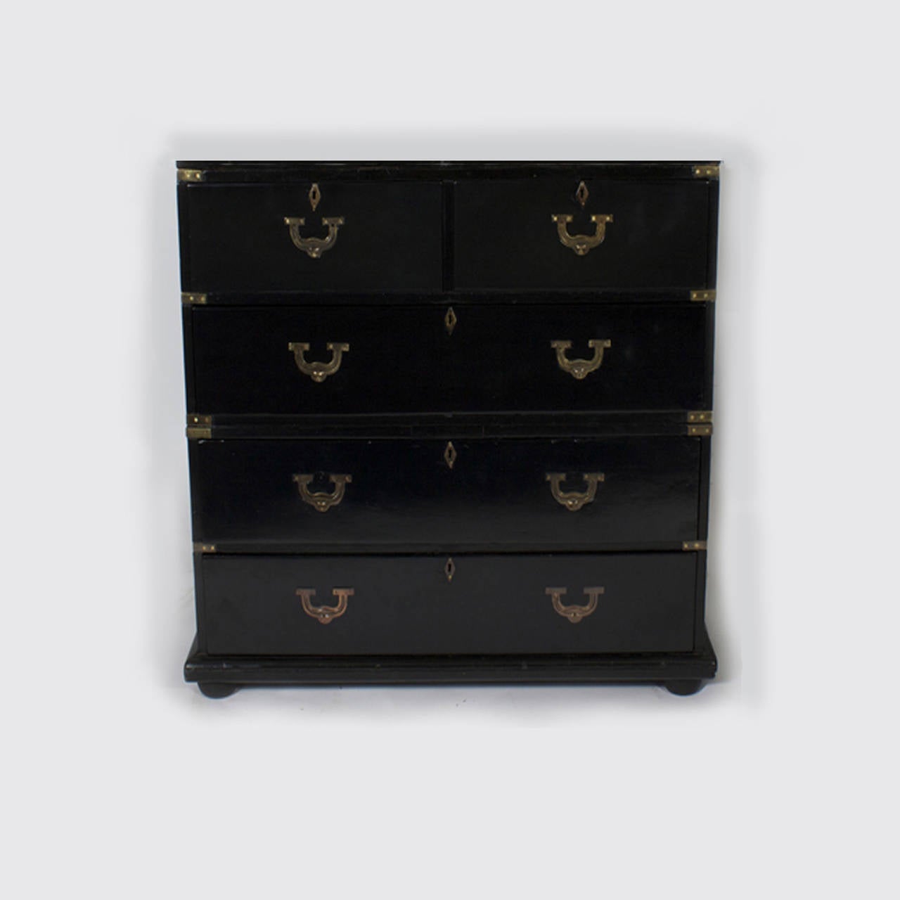 Indian Ebonized Campaign Chest of Drawers with Mirrored Door Cupboard