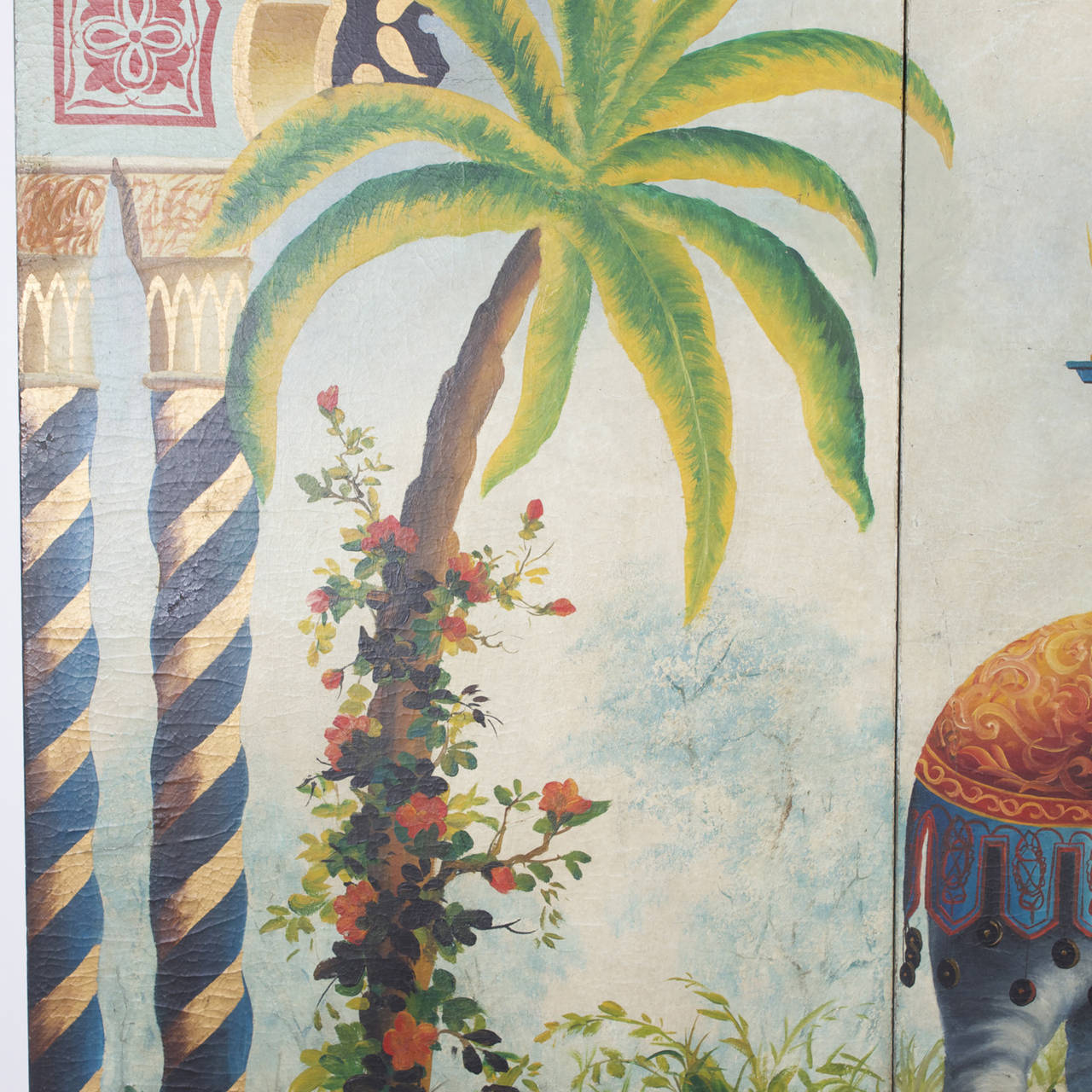 Elephant and Rider in Palm Trees with Elaborate Borders, Three-Part Wood Panels In Excellent Condition In Palm Beach, FL