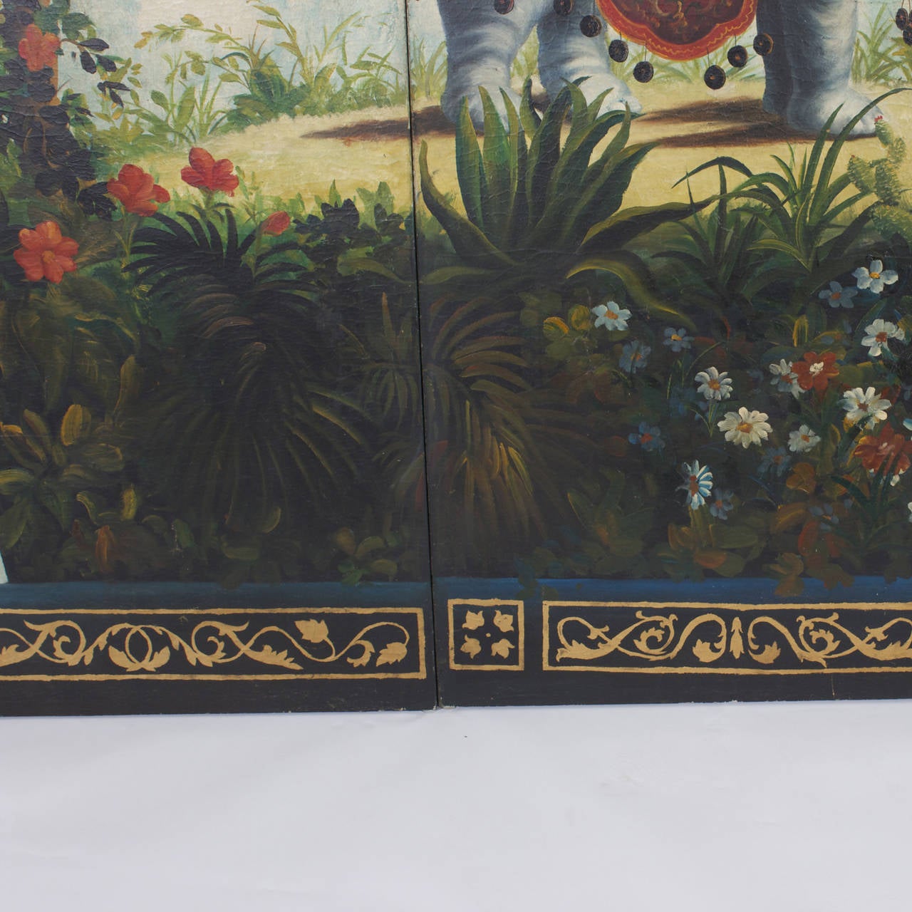 Elephant and Rider in Palm Trees with Elaborate Borders, Three-Part Wood Panels 2