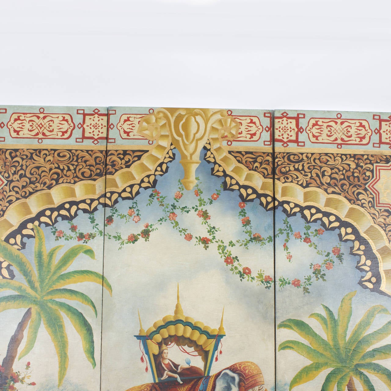 Elephant and Rider in Palm Trees with Elaborate Borders, Three-Part Wood Panels 1