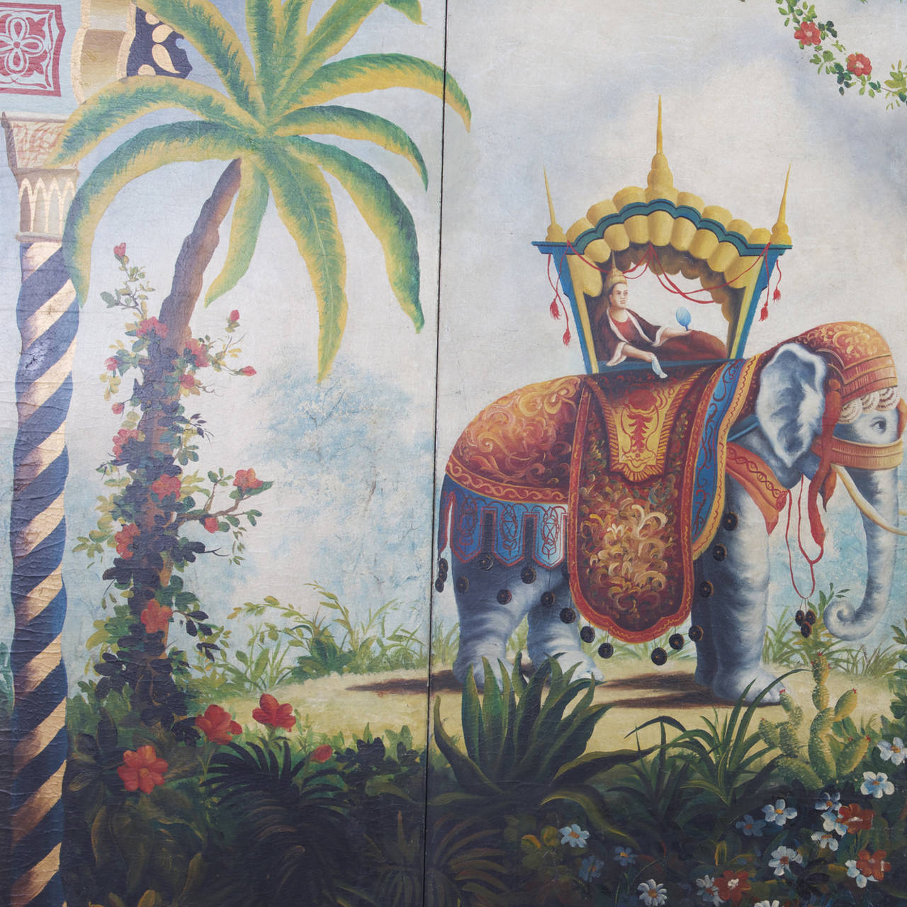 Anglo Raj Elephant and Rider in Palm Trees with Elaborate Borders, Three-Part Wood Panels
