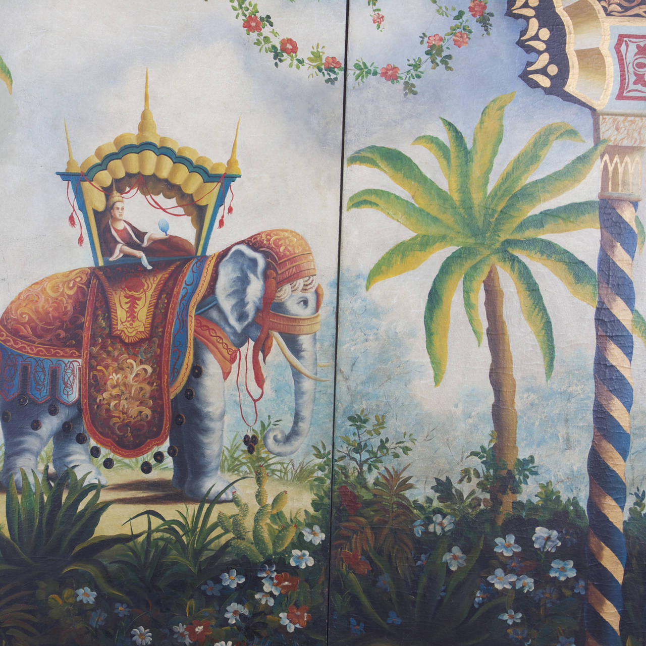 Philippine Elephant and Rider in Palm Trees with Elaborate Borders, Three-Part Wood Panels