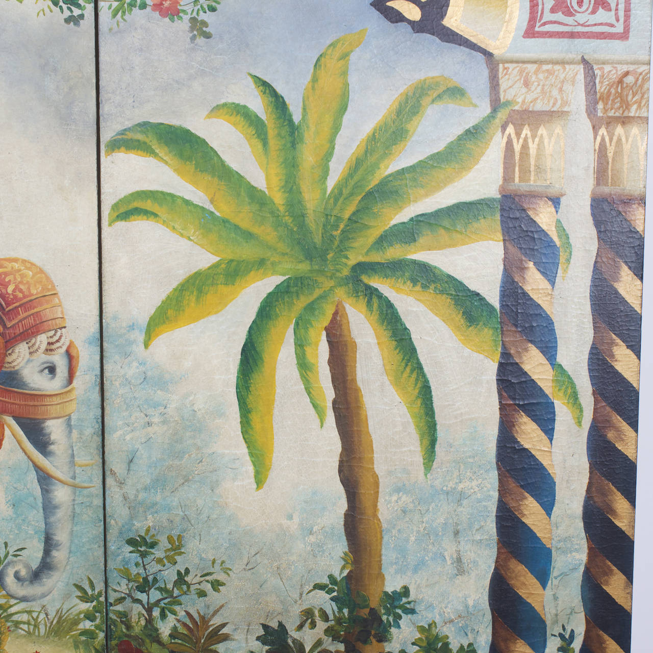 20th Century Elephant and Rider in Palm Trees with Elaborate Borders, Three-Part Wood Panels