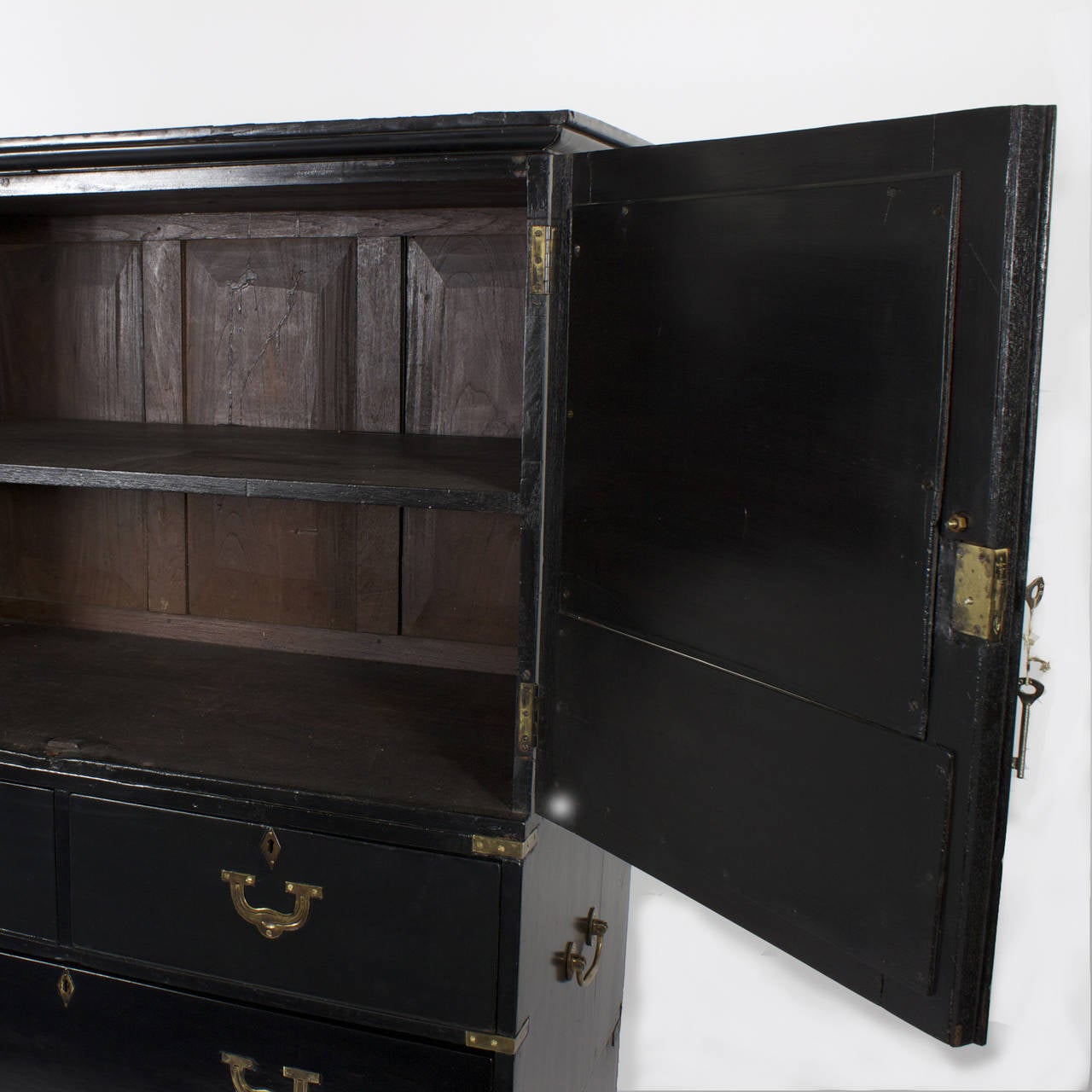 Ebonized Campaign Chest of Drawers with Mirrored Door Cupboard In Good Condition In Palm Beach, FL