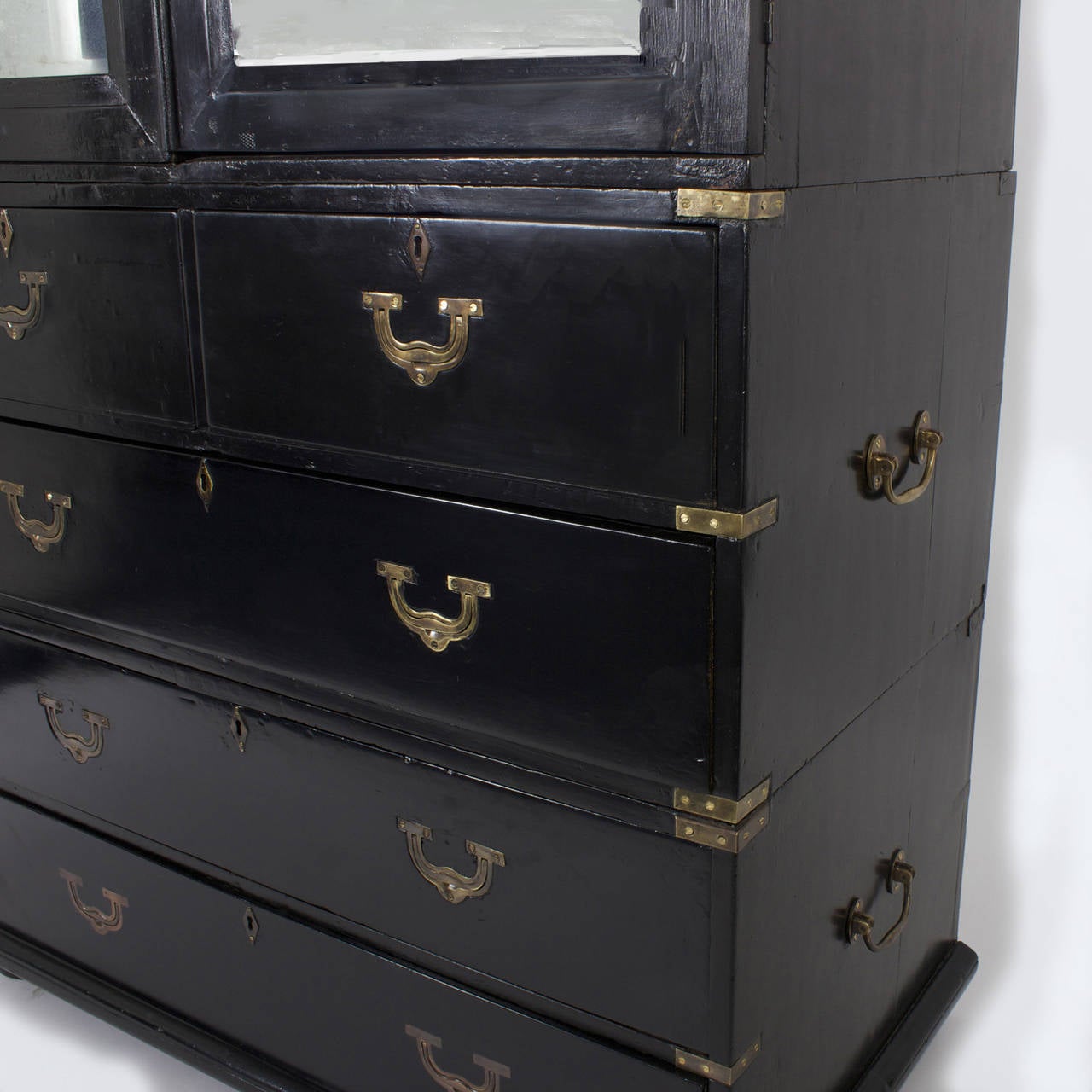 19th Century Ebonized Campaign Chest of Drawers with Mirrored Door Cupboard