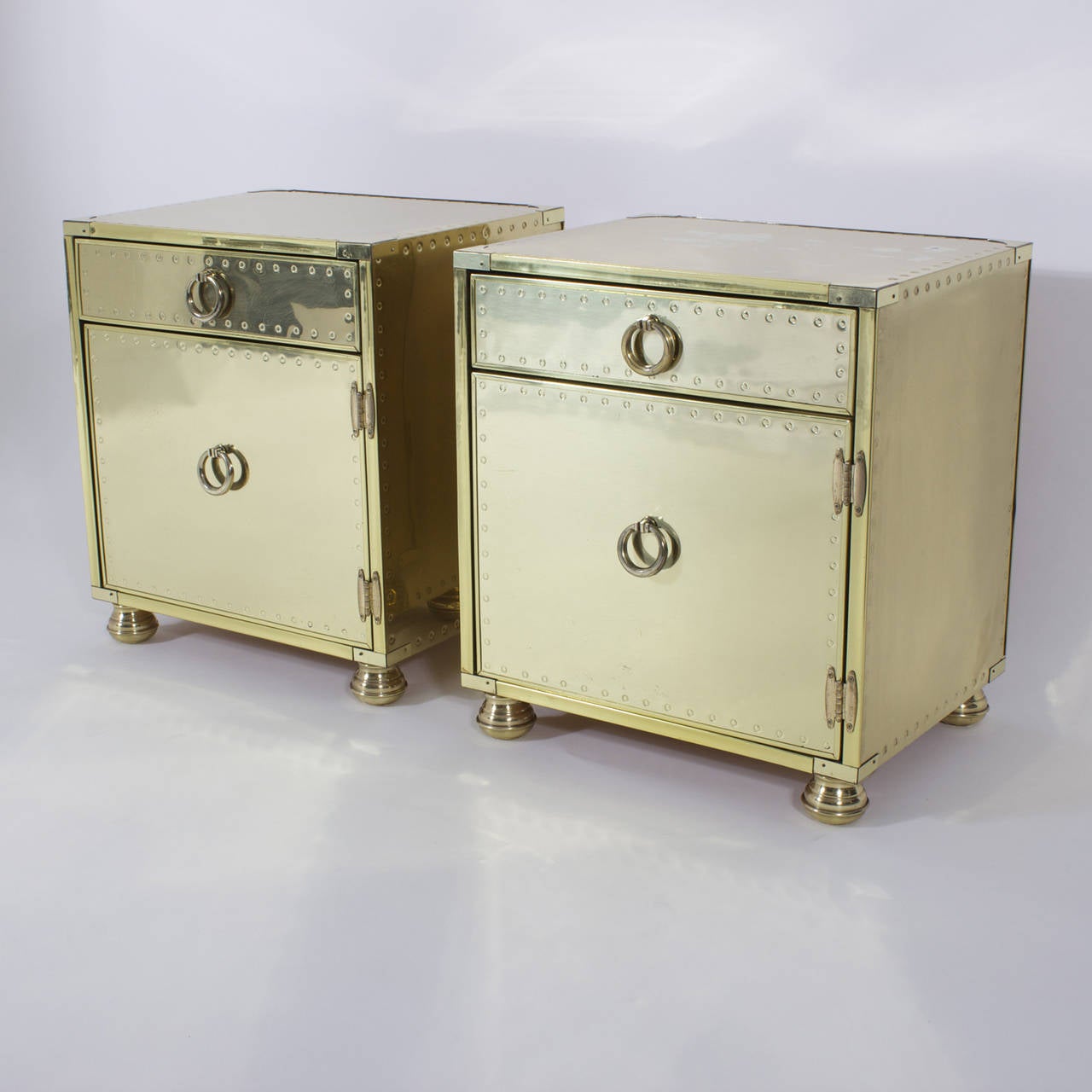 Spanish Pair of Mid-Century Brass-Plated Campaign Style Nightstands or End Tables