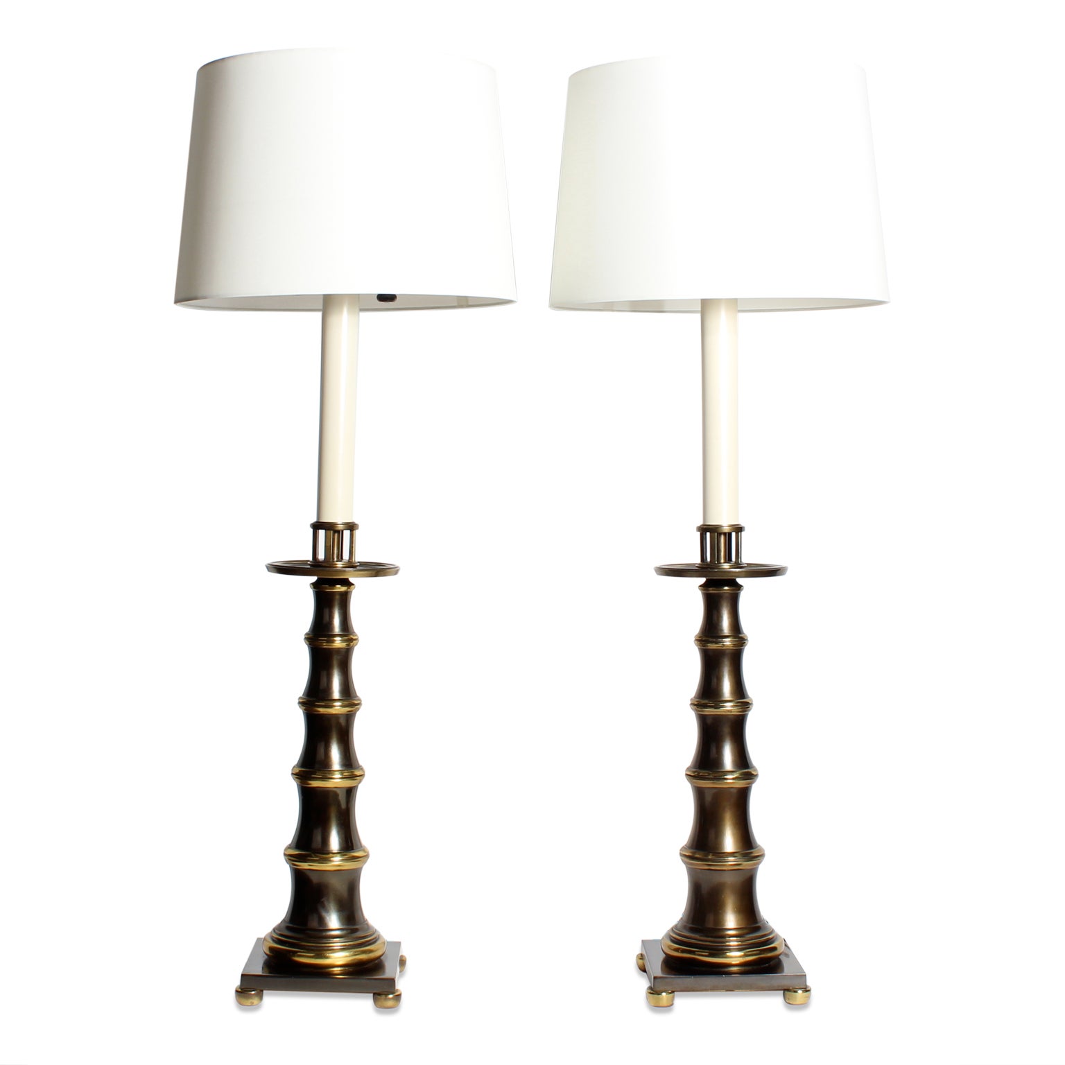 Pair of Patinated Brass Faux Bamboo Table Lamps