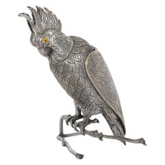 Silvered Metal Parrot with Hinged Wings on Branch Container or Box