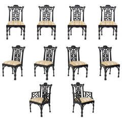 Set of Ten Chinese Chippendale Ebonized Dining Chairs and More