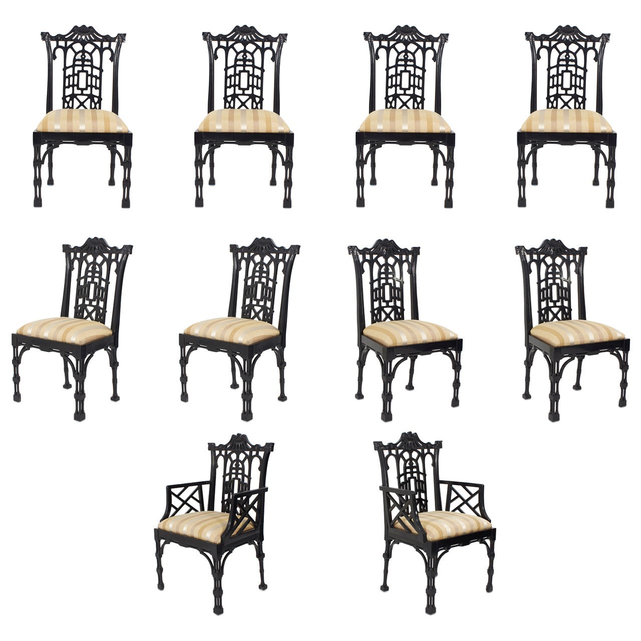 Set of Ten Chinese Chippendale Ebonized Dining Chairs and More