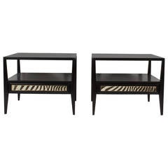 Pair of Ebonized One-Drawer Zebra End or Side Tables