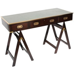 Used Campaign Style Desk on Sawhorse Legs: Desirable Leather Top