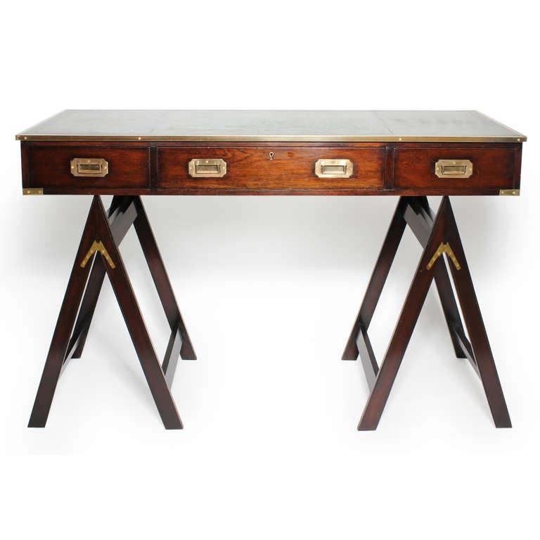 Campaign Style Desk on Sawhorse Legs: Desirable Leather Top In Excellent Condition In Palm Beach, FL
