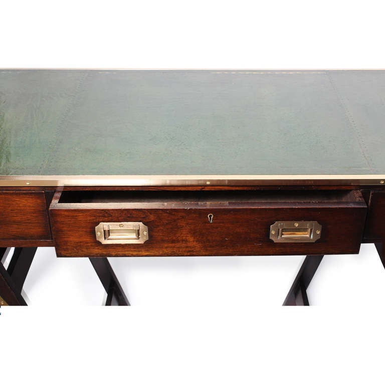 Late 20th Century Campaign Style Desk on Sawhorse Legs: Desirable Leather Top