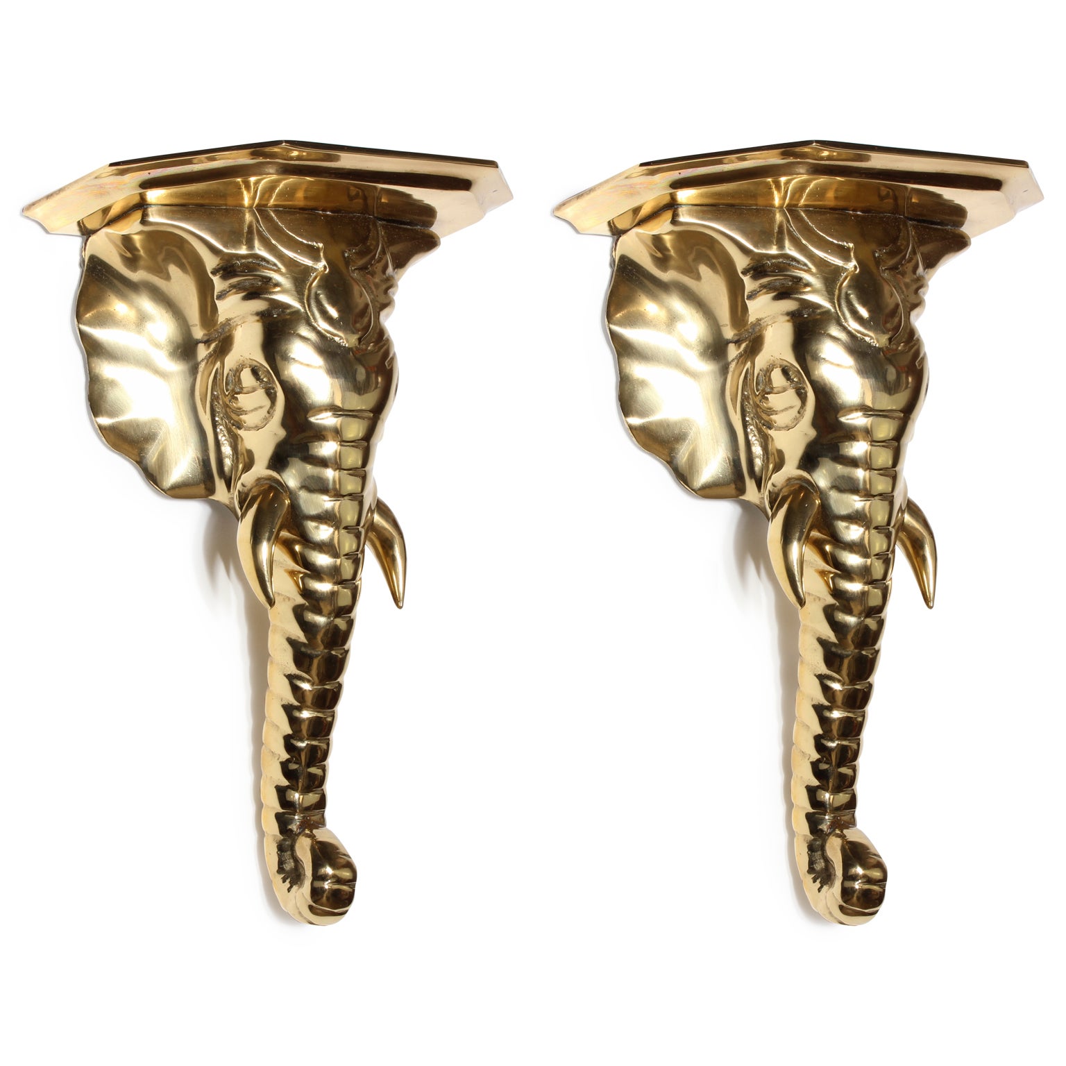 Pair of Brass Elephant Head Wall Brackets