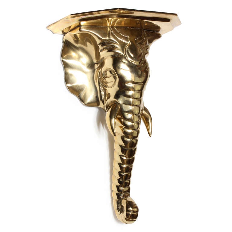 Pair of Brass Elephant Head Wall Brackets In Excellent Condition In Palm Beach, FL