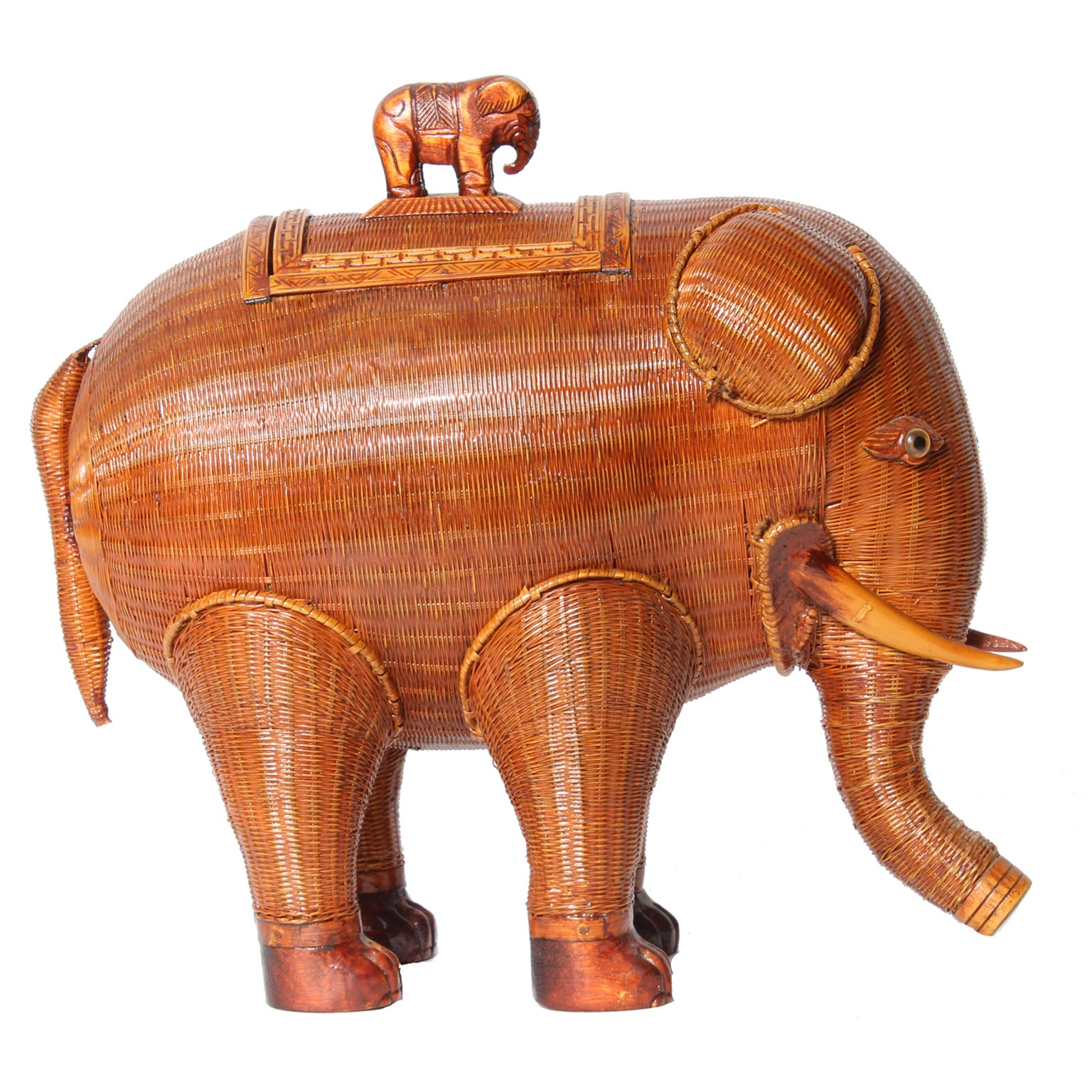 Woven Wicker Elephant with Baby Rider Box